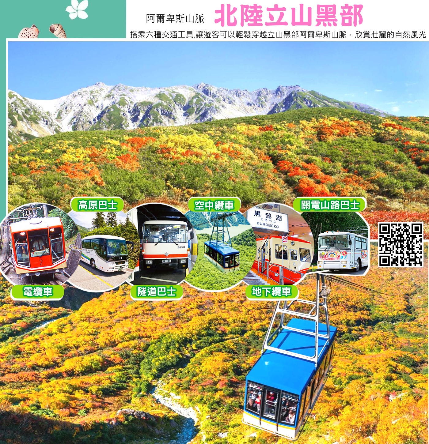 立山黑部阿爾卑斯山脈路線:搭乘多種交通工具，其中最經典的為六種，分別是立山登山纜車、立山高原巴士、立山隧道無軌電車、立山空中纜車、黑部地下纜車(或黑部斜面電車) 和關電隧道無軌電車。